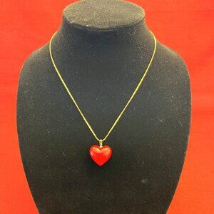 Vintage Gold Tone 18" Barley Link Chain Necklace With Red Heart Pendant